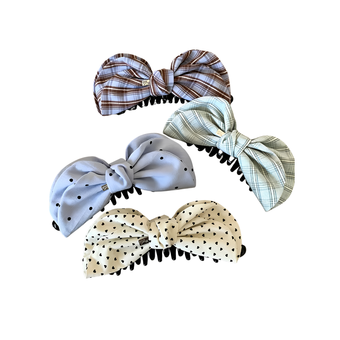 CuteHart Banana Clip - Delightful Butterfly Hair Clip with Polka Dot and Plaid Pattern for a Bright and Charming Style 1pc 韩系波点格纹蝴蝶结香蕉夹展现清新可人气质
