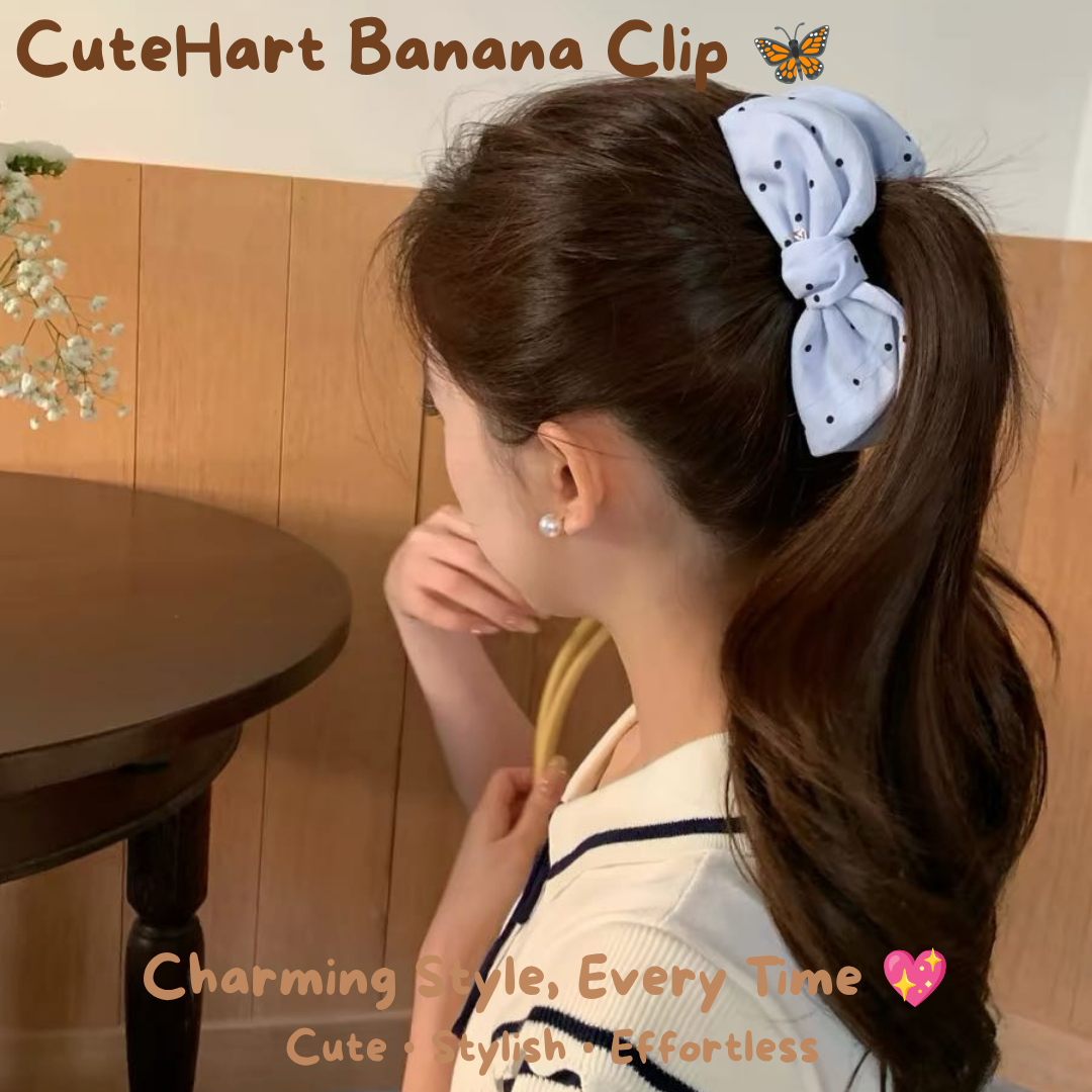 CuteHart Banana Clip - Delightful Butterfly Hair Clip with Polka Dot and Plaid Pattern for a Bright and Charming Style 1pc 韩系波点格纹蝴蝶结香蕉夹展现清新可人气质