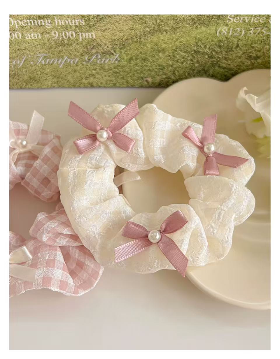 CuteHart Pearl Bow Hair Ties - Elegant Ribbon Bow Scrunchie with Pearl Accents 2pcs 珍珠点缀的优雅缎带蝴蝶结发圈