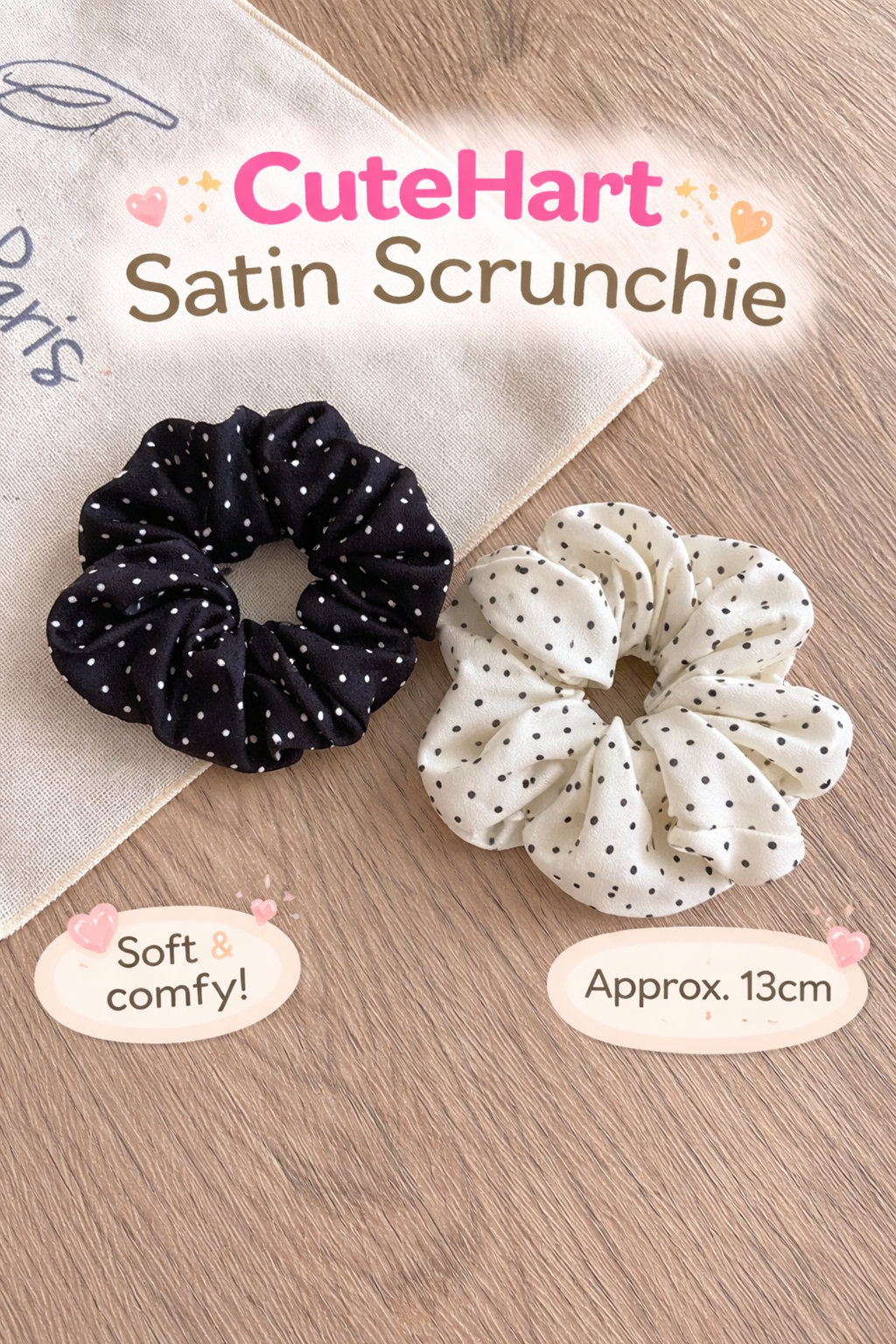 CuteHart Satin Hair Tie - Smooth Hair Tie with Polka Dot Satin Finish for a Sleek and Polished Look 2pcs 简约波点缎面大肠发圈呈现轻盈细腻质感