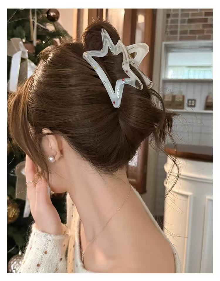 CuteHart Star Bow Shaped Hair Claw Clip - Sparkling Milky White Rhinestone Design 1pc 闪耀彩钻装饰的奶白色星形蝴蝶结抓夹