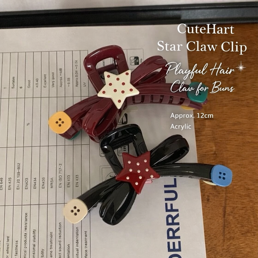 CuteHart Star Claw Clip - Playful Hair Claw Clip for Buns with Colorful Polka Dots and Button Detail 2pcs 趣味撞色波点星星纽扣抓夹为发型增添活力