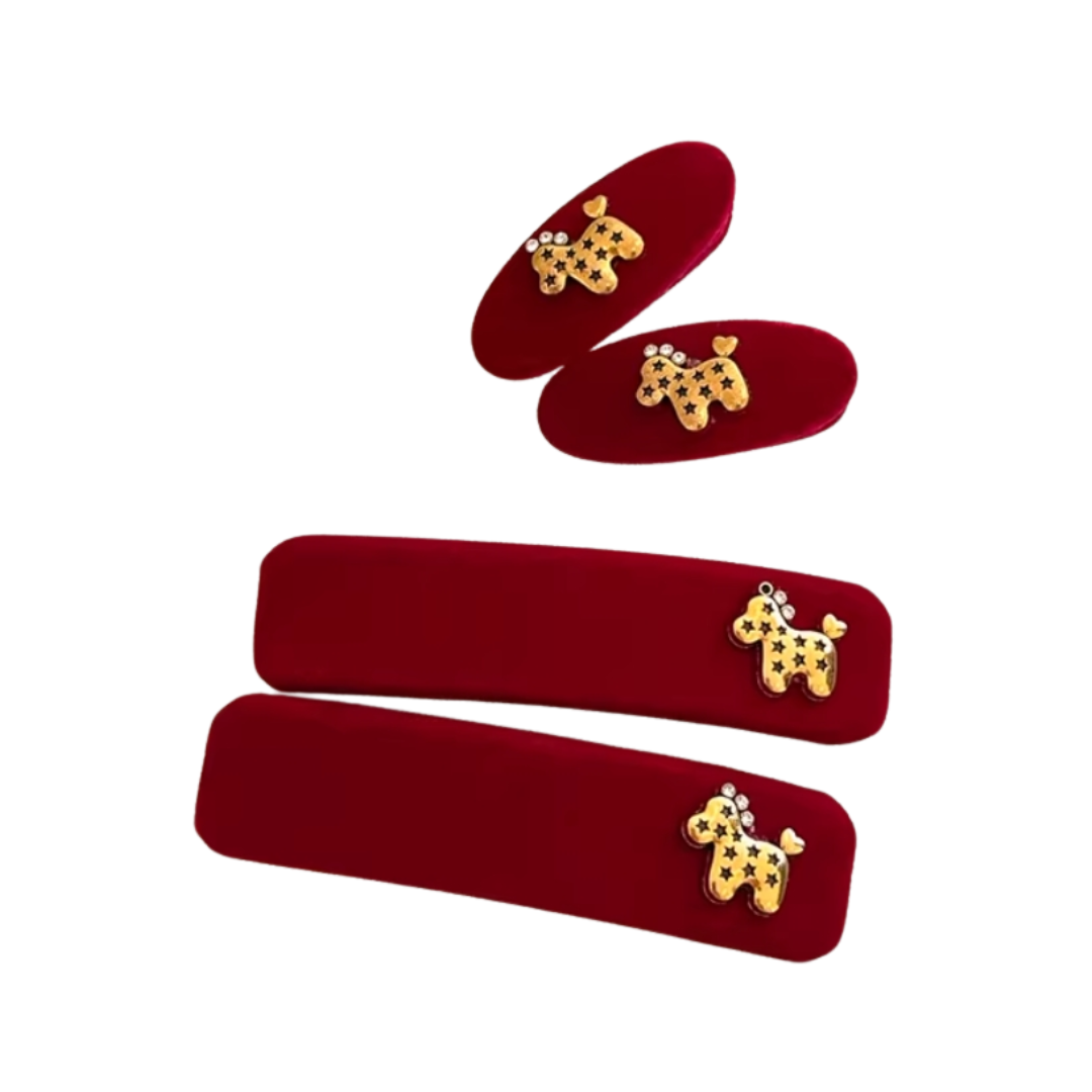 Cutehart New Year Red Velvet Little Horse Hair Clip - Textured Red Side Bangs Hair Clip 2pcs 新年红色植绒小马质感侧边刘海发夹