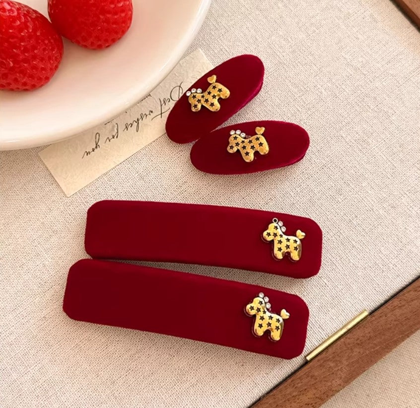 Cutehart New Year Red Velvet Little Horse Hair Clip - Textured Red Side Bangs Hair Clip 2pcs 新年红色植绒小马质感侧边刘海发夹