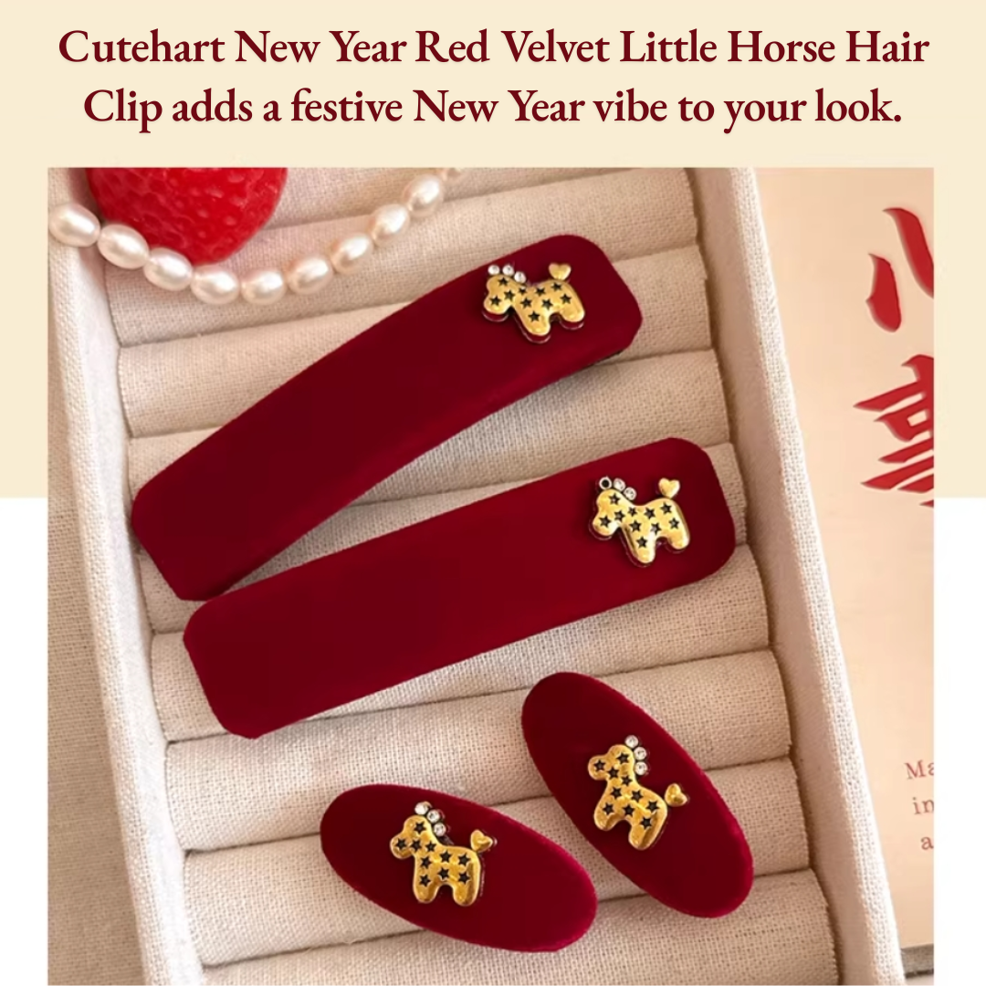 Cutehart New Year Red Velvet Little Horse Hair Clip - Textured Red Side Bangs Hair Clip 2pcs 新年红色植绒小马质感侧边刘海发夹