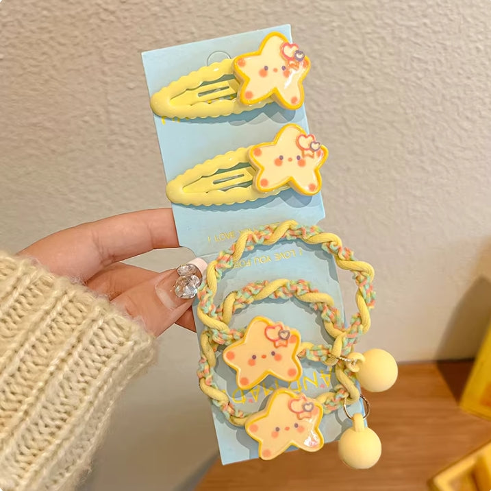 Cutehart Sweet Cute Star Hair Clips & Hair Tie Set - Yellow Star-Shaped Decorated Hair Clip and Hair Tie 4pcs 甜美可爱的黄色星形装饰发夹发圈套组