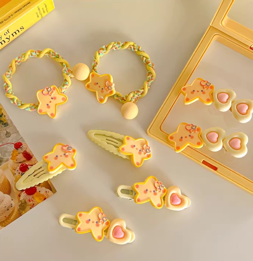 Cutehart Sweet Cute Star Hair Clips & Hair Tie Set - Yellow Star-Shaped Decorated Hair Clip and Hair Tie 4pcs 甜美可爱的黄色星形装饰发夹发圈套组