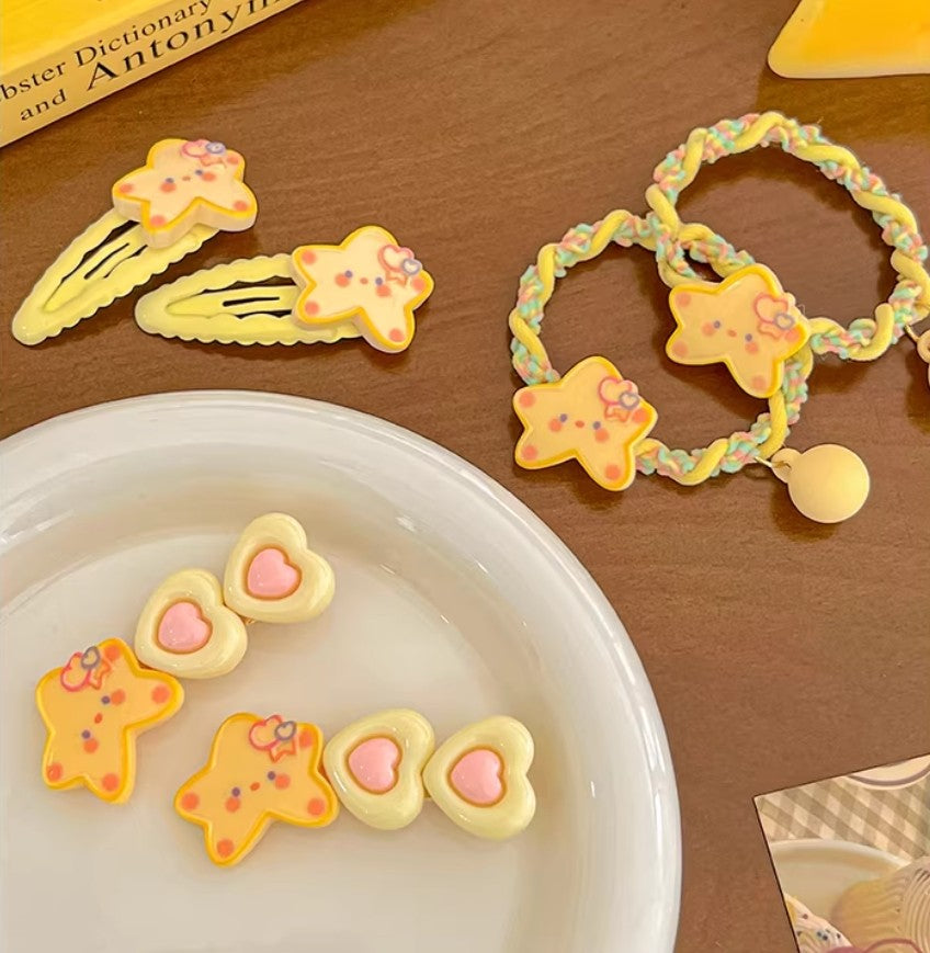 Cutehart Sweet Cute Star Hair Clips & Hair Tie Set - Yellow Star-Shaped Decorated Hair Clip and Hair Tie 4pcs 甜美可爱的黄色星形装饰发夹发圈套组