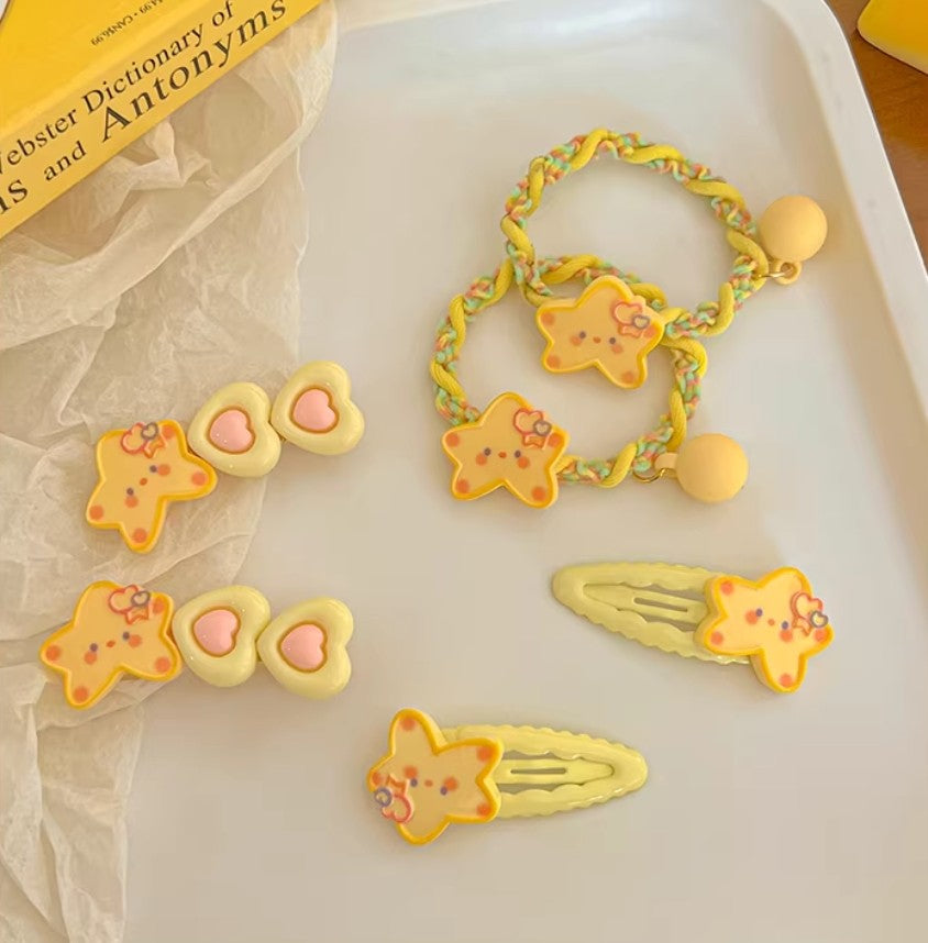 Cutehart Sweet Cute Star Hair Clips & Hair Tie Set - Yellow Star-Shaped Decorated Hair Clip and Hair Tie 4pcs 甜美可爱的黄色星形装饰发夹发圈套组