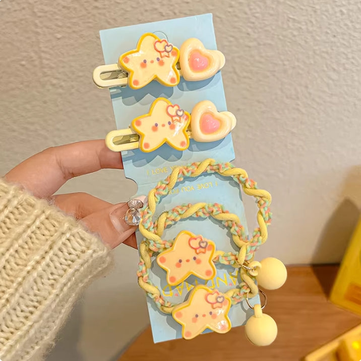Cutehart Sweet Cute Star Hair Clips & Hair Tie Set - Yellow Star-Shaped Decorated Hair Clip and Hair Tie 4pcs 甜美可爱的黄色星形装饰发夹发圈套组