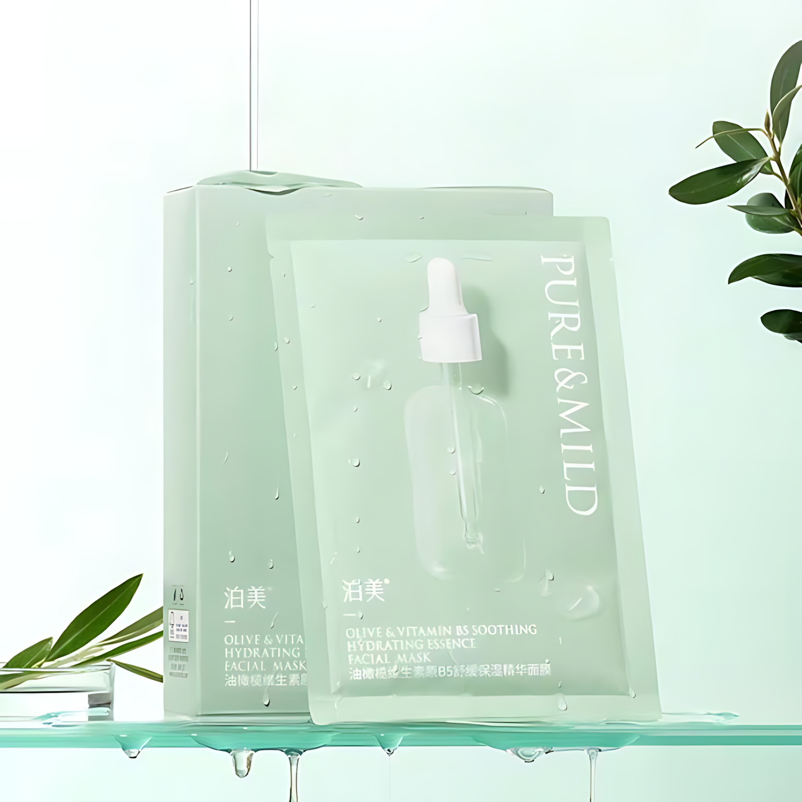 PURE&MILD Olive & Vitamin B5 Soothing Hydrating Essence Facial Mask 25ml*10pcs/box 泊美油橄榄维生素原B5舒缓保湿精华面膜
